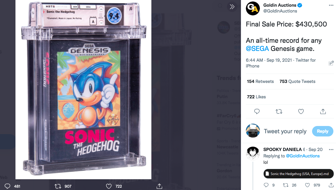 Su eBay hanno venduto una copia di Sonic del Megadrive a 430000 $